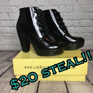 SALE CathyJean Black PatentLeather ChunkyHeel Boot
